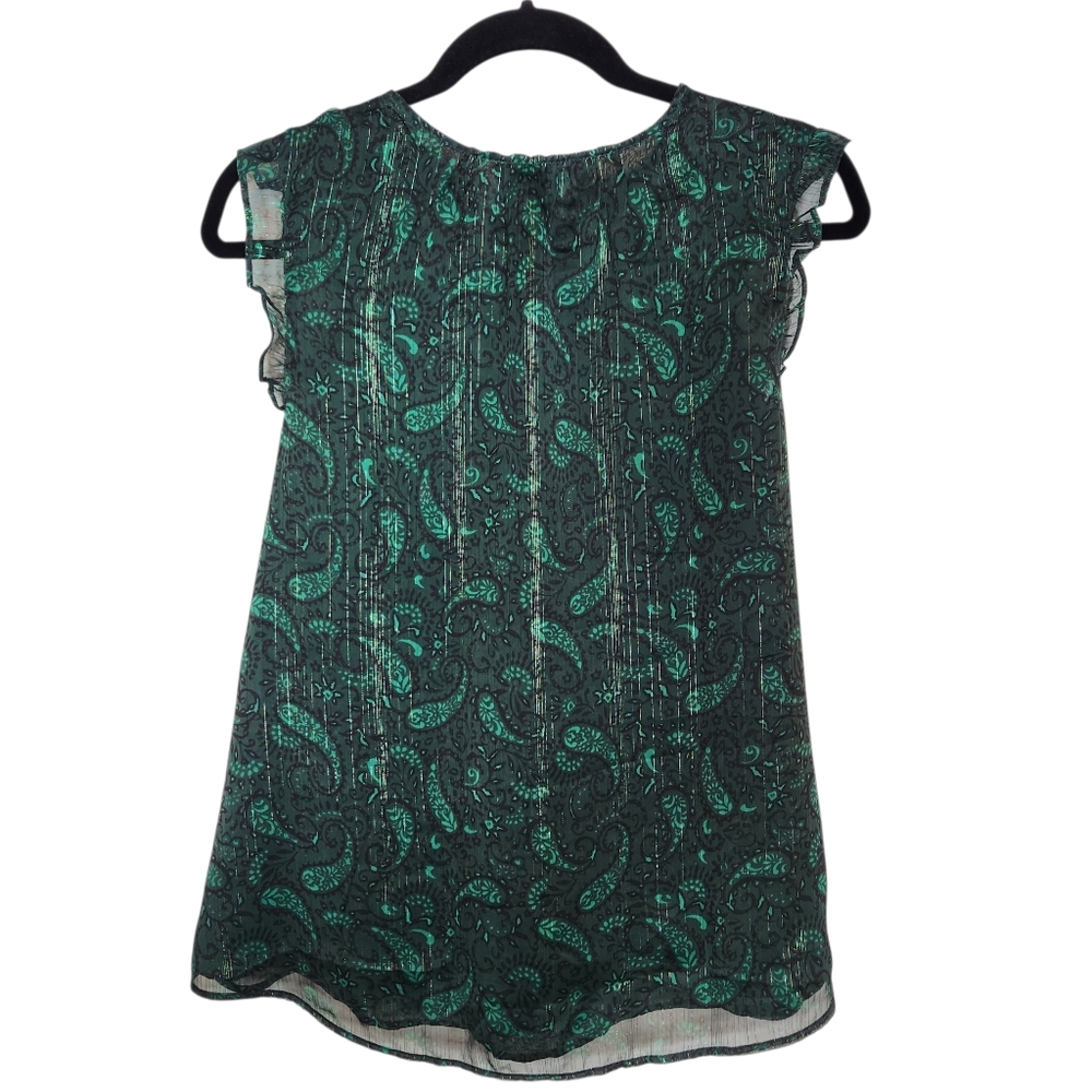 Loft Sheer Green Black Shimmer Velvet Tie Neck Ruffle Sleeveless‎ Blouse Top L - Picture 8 of 15